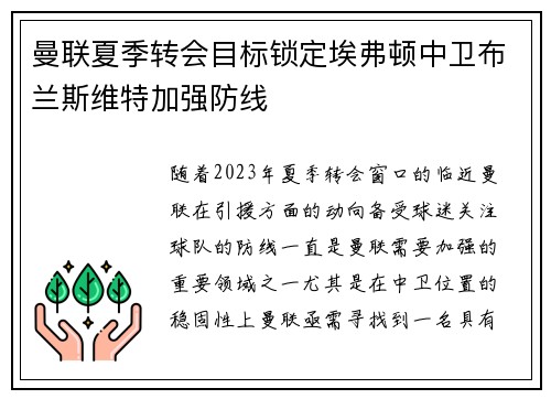 曼联夏季转会目标锁定埃弗顿中卫布兰斯维特加强防线 曼联夏季转会目标锁定埃弗顿中卫布兰斯维特加强防线