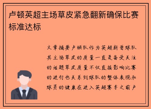卢顿英超主场草皮紧急翻新确保比赛标准达标 卢顿英超主场草皮紧急翻新确保比赛标准达标