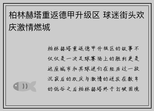柏林赫塔重返德甲升级区 球迷街头欢庆激情燃城